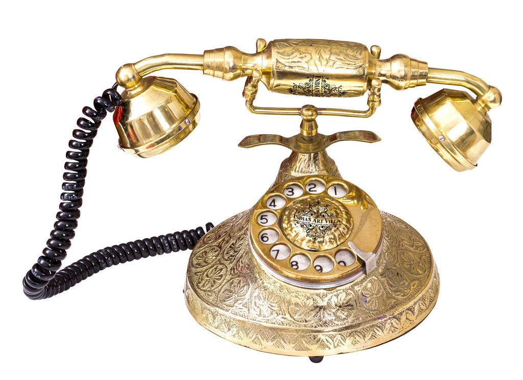Indian Art Villa Pure Brass Engraved Designer Rotary Landline Phone