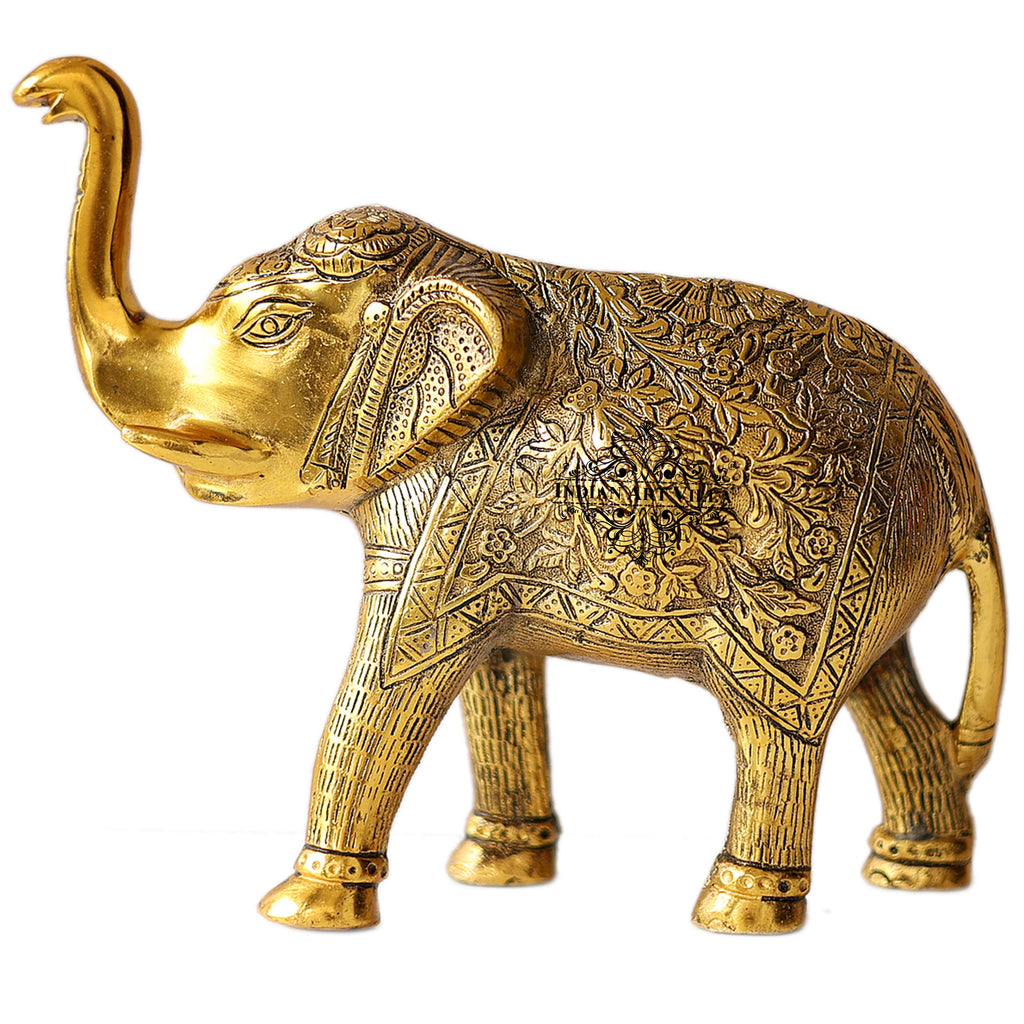 Indian Art Villa Aluminum Elephants With Dark Embossed Brass Finish Design, Home Decor, Room Decor, Handicarft Item & Decor, Color- Golden