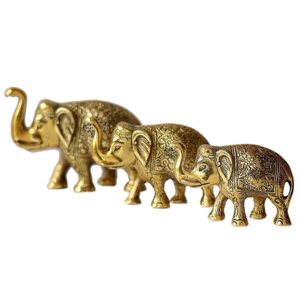 Indian Art Villa Aluminum Elephants Set of 3 With Dark Embossed Brass & Silver Finish Design, Home Decor, Room Decor, Handicarft Item & Decor, Color- Golden, Size-S,M & L