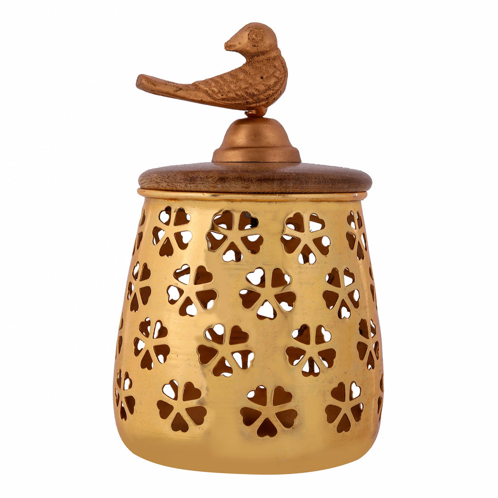 Indian Art Villa Designer Carved Metal Container With Golden Metal Bird On The Top, Height:- 6.9" Inch