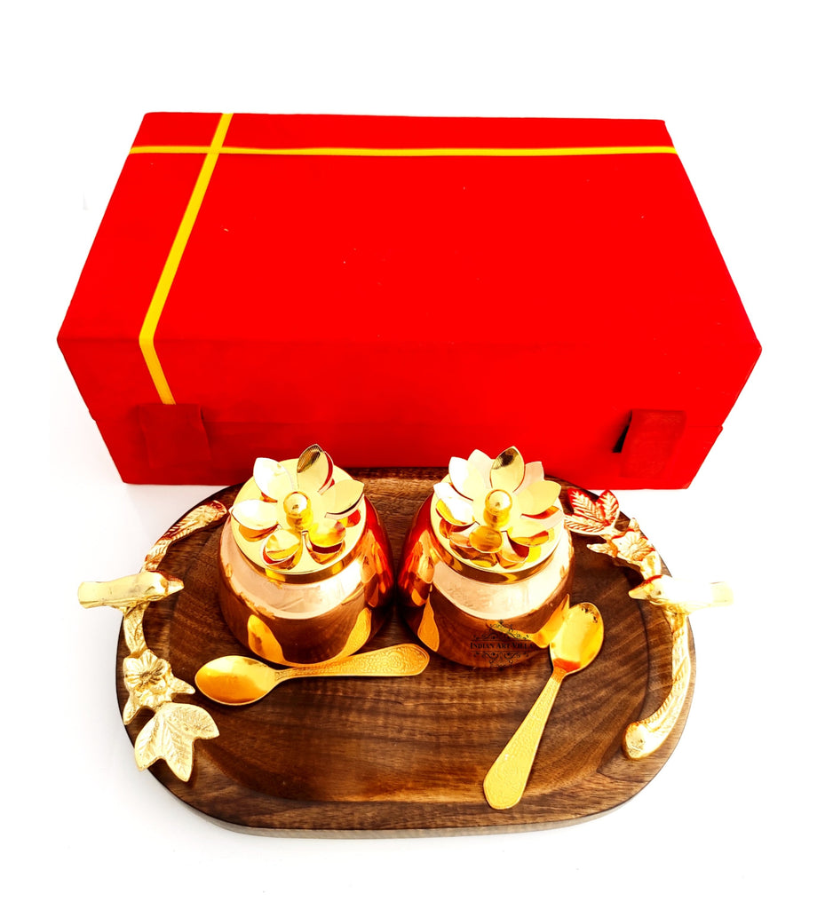 Handmade Set of 2 Dry Fruit Box, with 2 spoons & 1 Designer Tray Packed in Red Velvet Box | Serveware | Tableware | Gift Item | Home decor