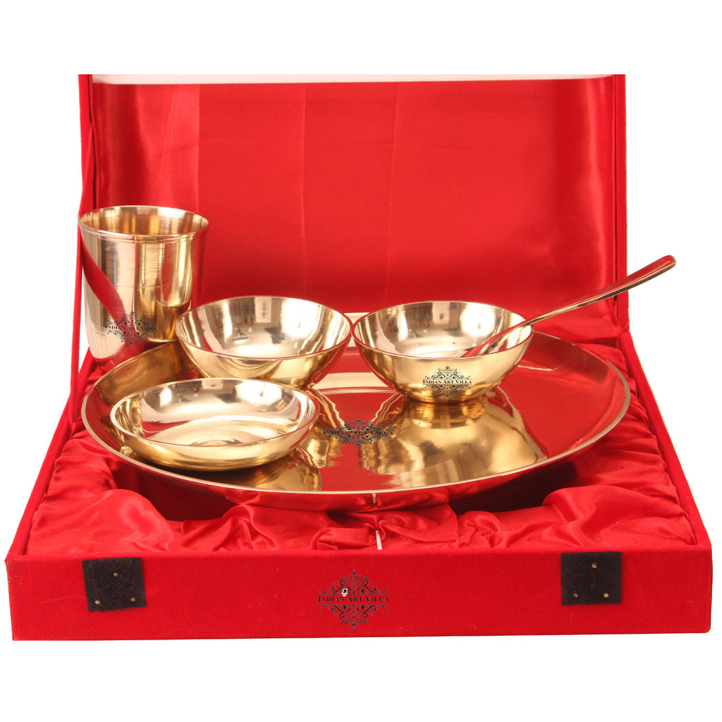 Indian Art Villa Bronze 6 Piece Thali Dinner Set | Kansa Utensil| 1 Thali 2 Bowl 1 Glass 1 Spoon 1 Rice Plate