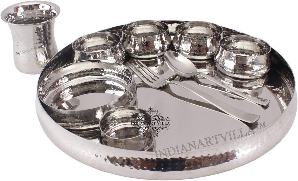 INDIAN ART VILLA Steel 9 Piece Curved Thali Set (1 Thali, 3 Bowl, 1 Chutni, 1 Pudding Plate, 1 Curved Glass, 1 Spoon, 1 Fork)