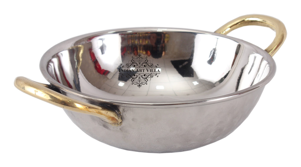 INDIAN ART VILLA Steel Designer Set of 2 Kadai Wok Bowl with Brass Handle