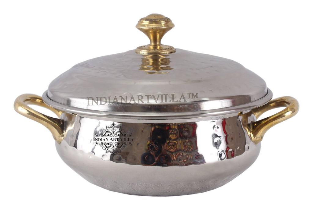 Indian Art Villa Steel Hammered Design Handi Brass Handle with Steel Lid|1000 ML
