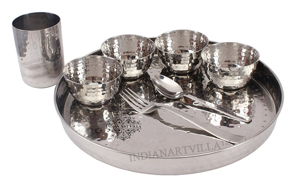 Indian Art Villa Steel Hammered 8 Piece Thali Set (1 thali 12", 4 Bowl, 1 Dessert Spoon, 1 Fork ,1 Flat Hammered Glass)
