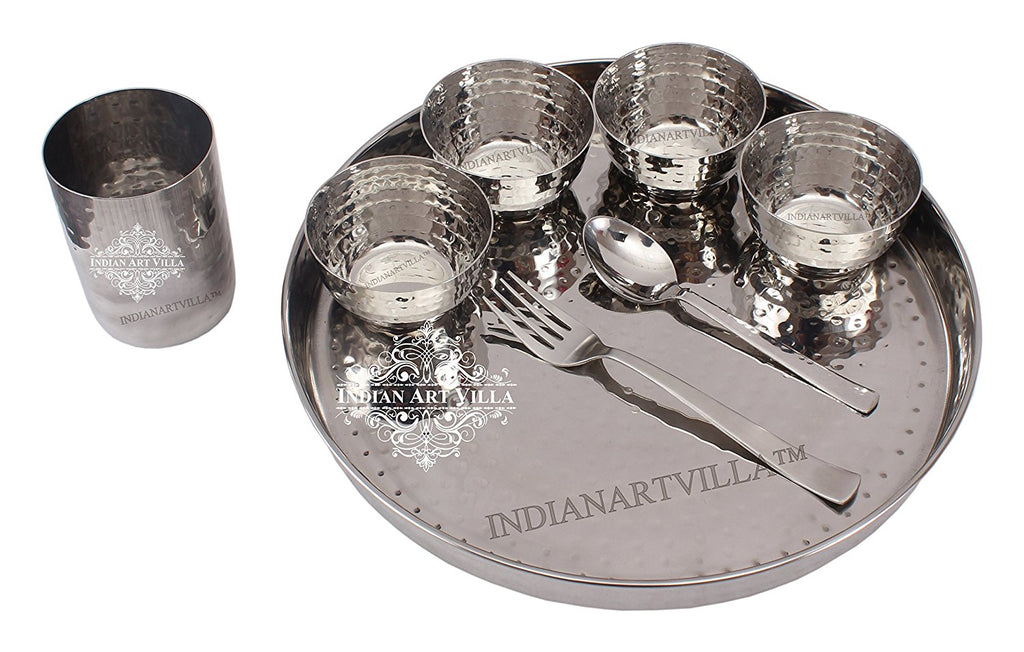 Indian Art Villa Steel Hammered 8 Piece Thali Set (1 thali 12", 4 Bowl, 1 Dessert Spoon, 1 Fork ,1 Flat Hammered Glass)