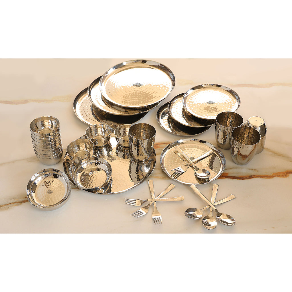 Indian Art Villa Stainless Steel Hammerd 36 Pcs Oval / Round shape Dinnerware Set, Serveware Tableware, Dinnerware for Home and Restaurants