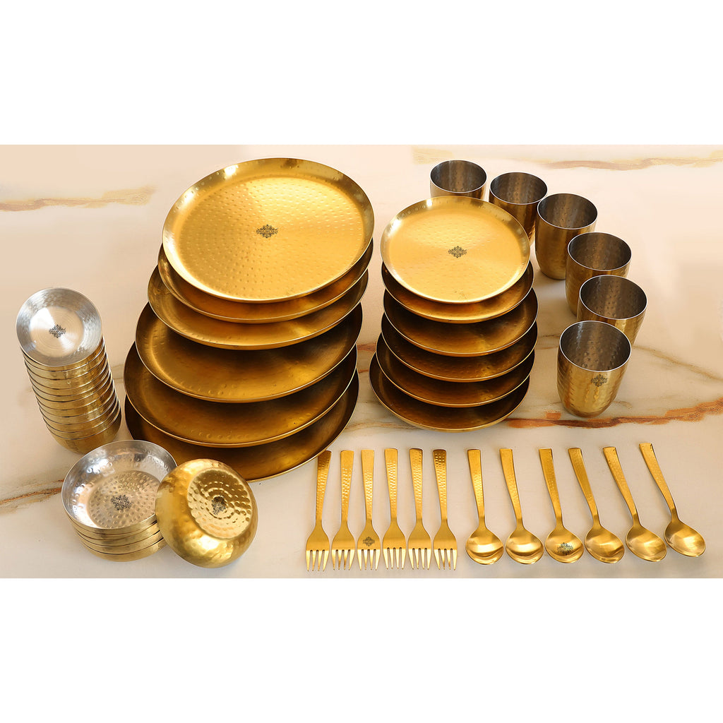 Indian Art Villa Stainless Steel Hammered 48 Pieces, Round Shape Dinnerware Set, Serveware Tableware, Dinnerware for Home and Restaurants