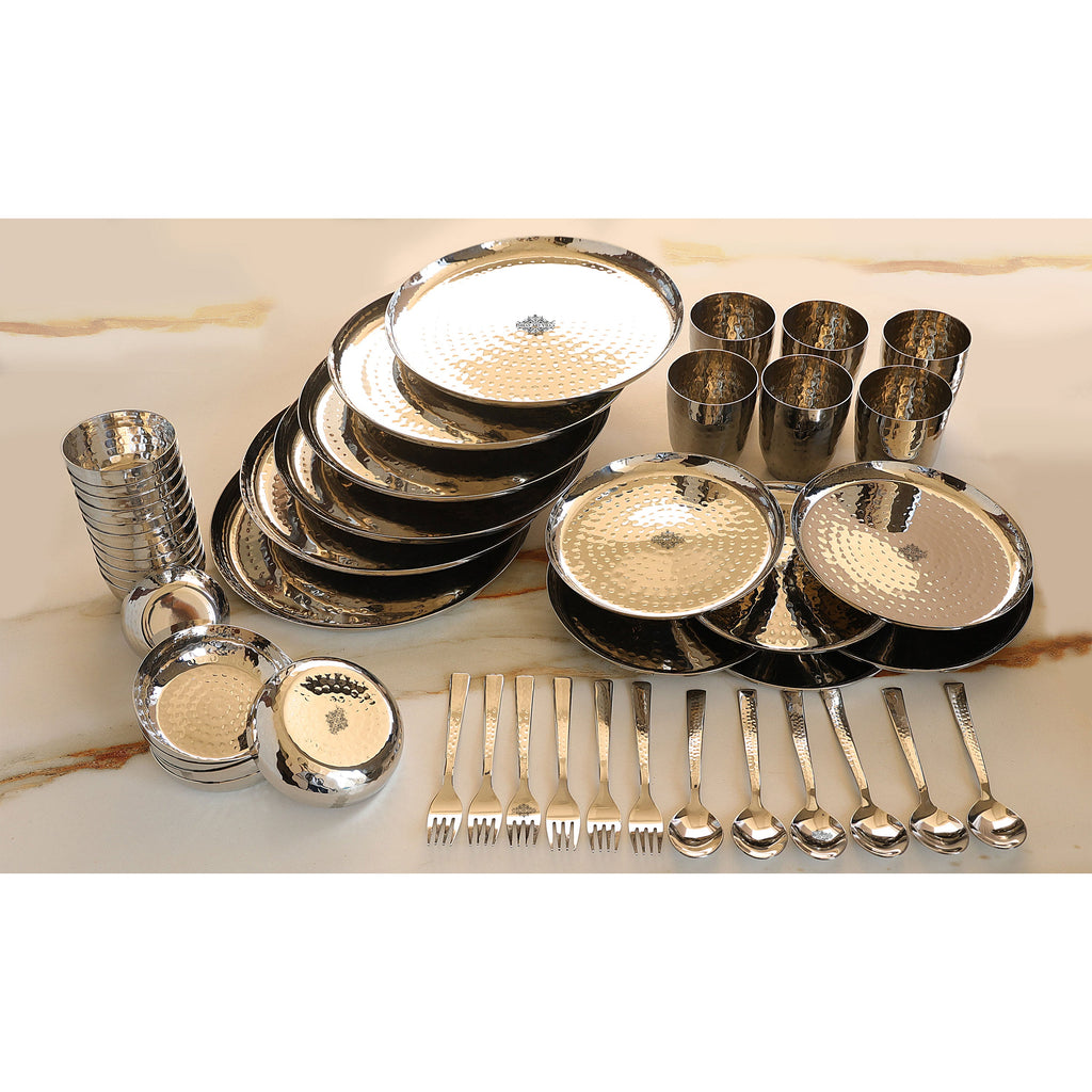 Indian Art Villa Stainless Steel Hammered 48 Pieces, Round Shape Dinnerware Set, Serveware Tableware, Dinnerware for Home and Restaurants