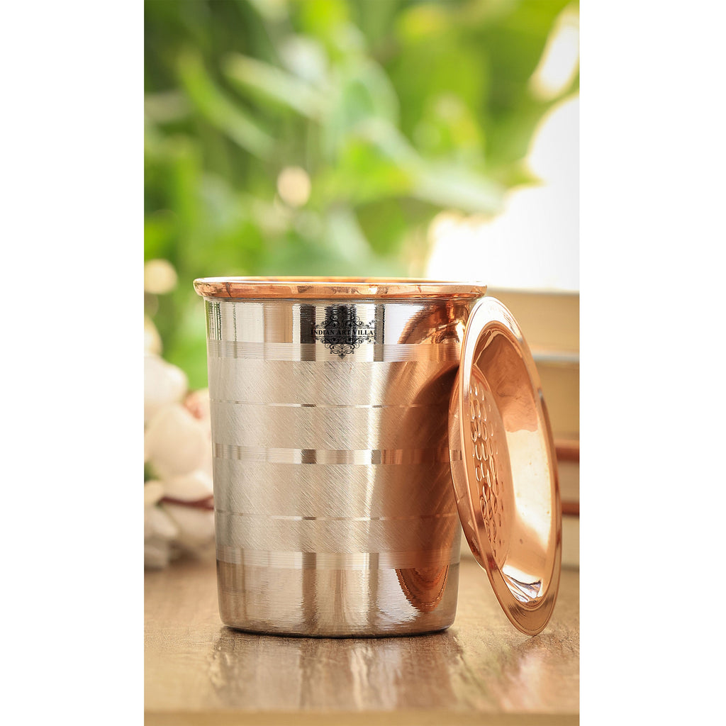 INDIAN ART VILLA Steel Copper Glass, Tumbler Handcrafted in Luxury Design with a Copper Lid | Drinkware | 250 ml