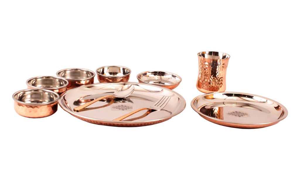 Indian Art Villa Steel Copper Hammered Design 10 Pieces Dinner Set/Thali Set of 1 Thali, 1 Small Thali, 1 Glass, 1 Spoon, 1 Fork, 1 Small Plate & 4 Bowls, Dinnerware, Tableware Or Crockery
