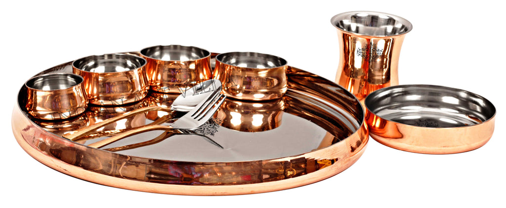 Indian Art Villa Pure Steel Copper Handmade Curved Dinner Set of 9 Pieces