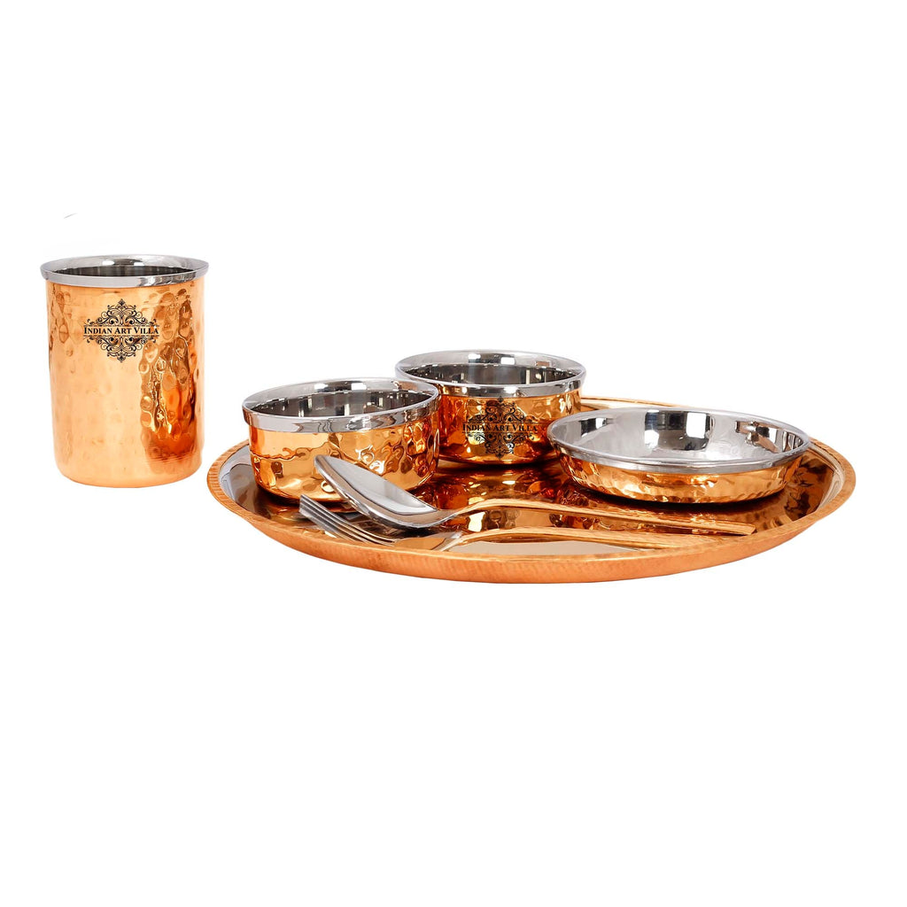 Indian Art Villa Steel Copper Hammered Design 7 Pieces Dinner Set/Thali Set of 1 Thali, 1 Glass, 1 Spoon, 1 Fork, 1 Small Plate & 2 Bowls, Dinnerware, Tableware Or Crockery