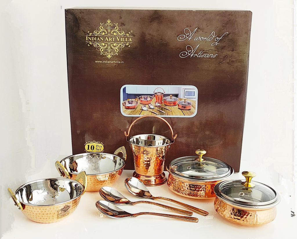 INDIAN ART VILLA Steel Copper Designer Hammered Serveware Set, Serveware, Tableware