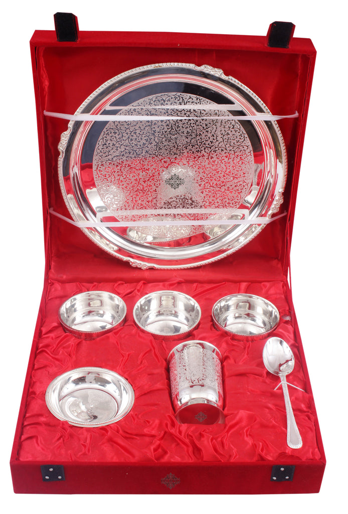 INDIAN ART VILLA Silver Plated Embossed Design Dinner Set 7 Pieces