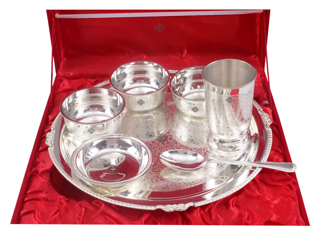 INDIAN ART VILLA Silver Plated Embossed Design Dinner Set 7 Pieces