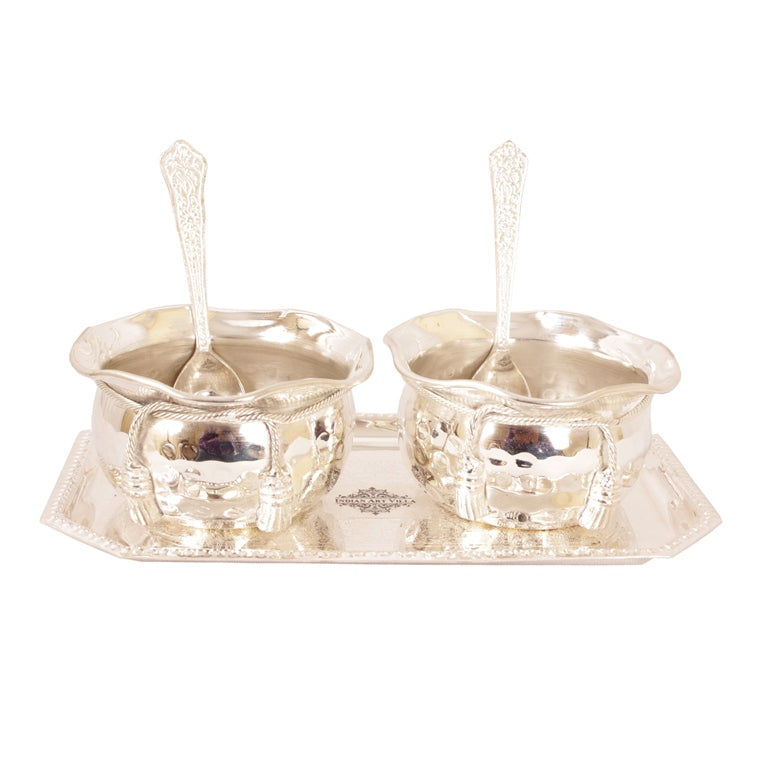 INDIAN ART VILLA Silver Plated Set of 2 Designer Bowl 2 Spoon 1 Tray