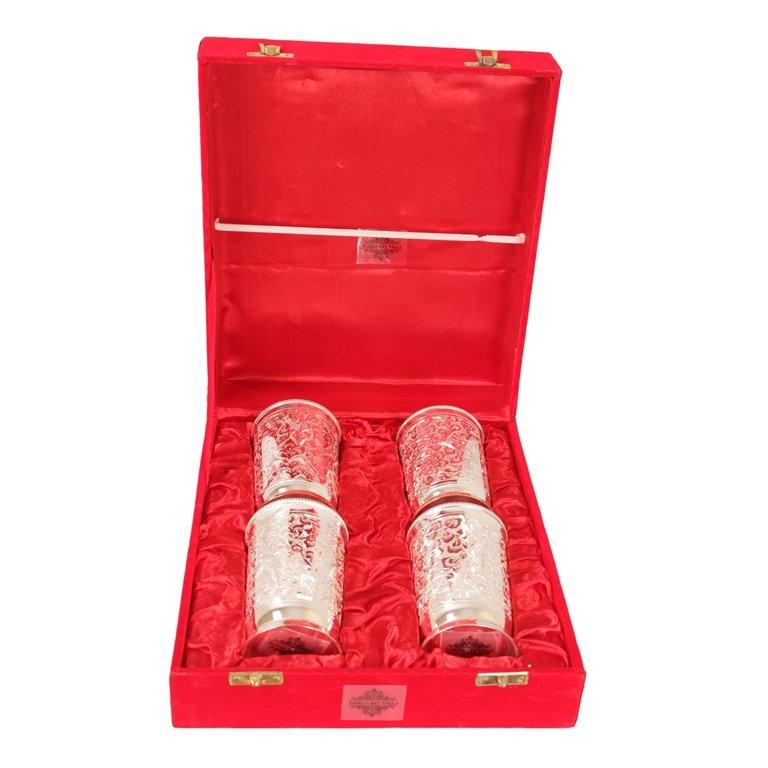 Indian Art Villa Silver Plated Set of 4 Designer Glass Tumbler with Box