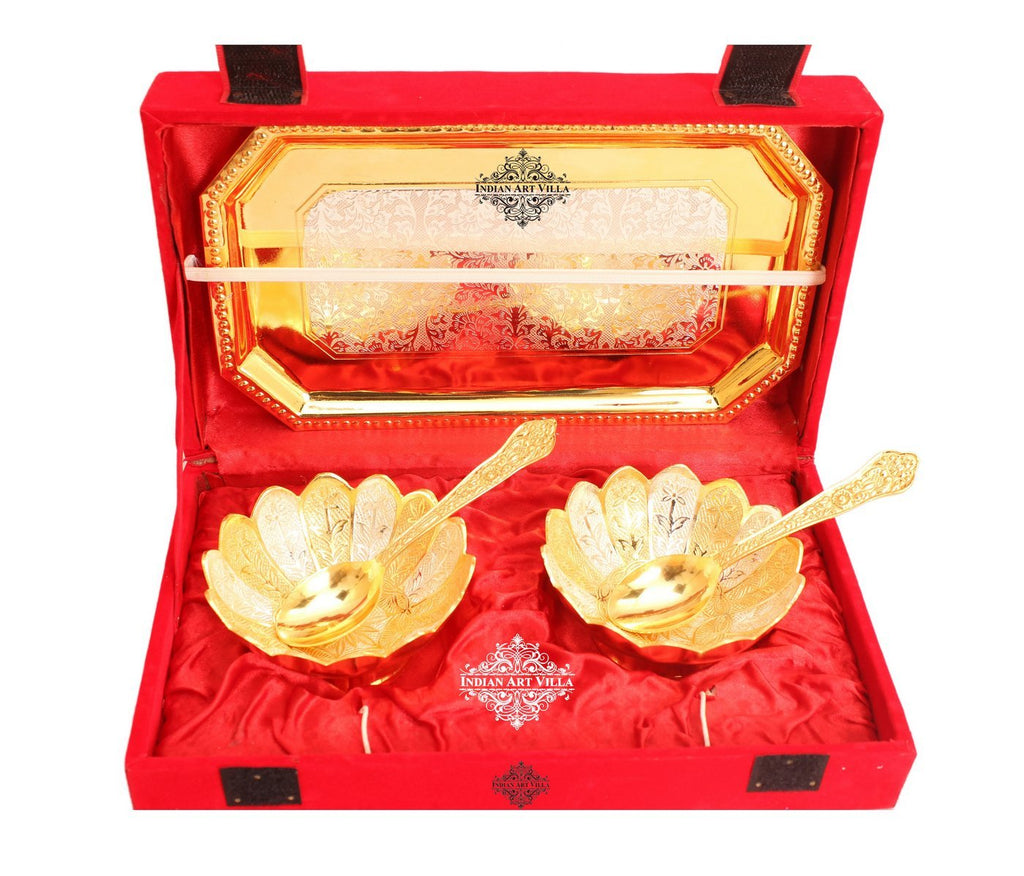 Indian Art Villa Pure Silver Plated Gold Polished Lotus Design 2 Bowl 2 Spoon 1 Tray Set
