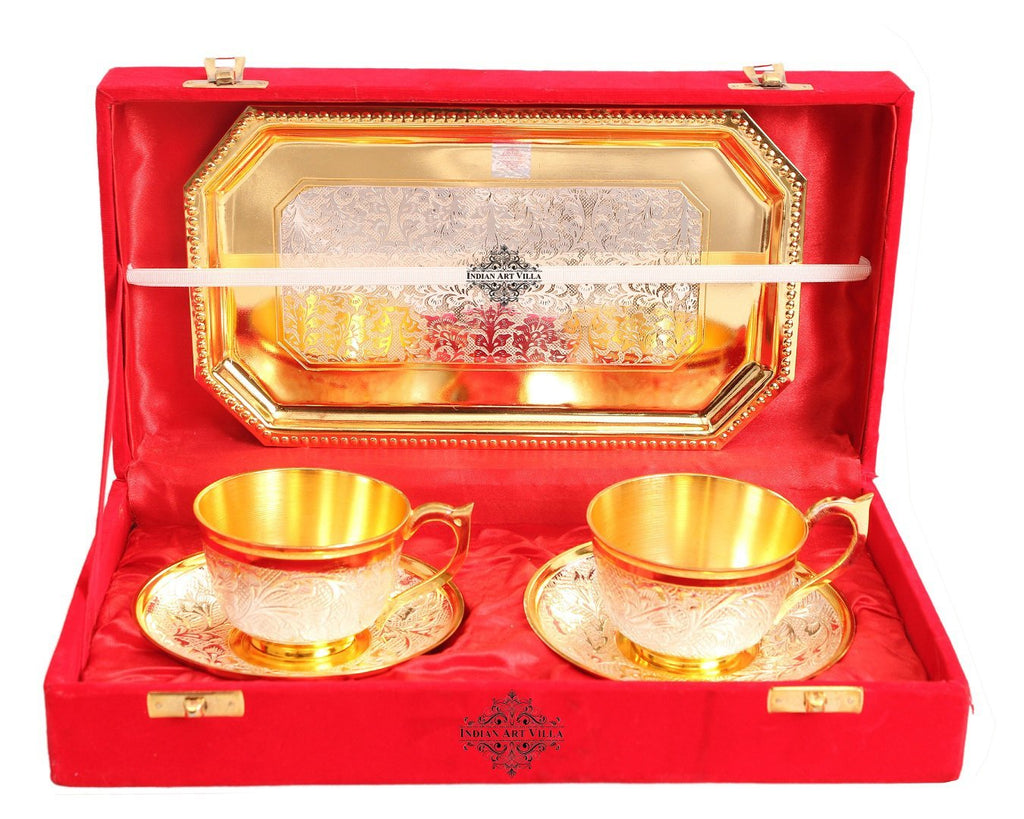 Indian Art Villa Set of 2 Silver Pleated Gold Polished Silver Plated Set of 2 Cup Sauccers with 1 Tray - Serving Tea Tableware Home Hotel Gift item Decorative Products