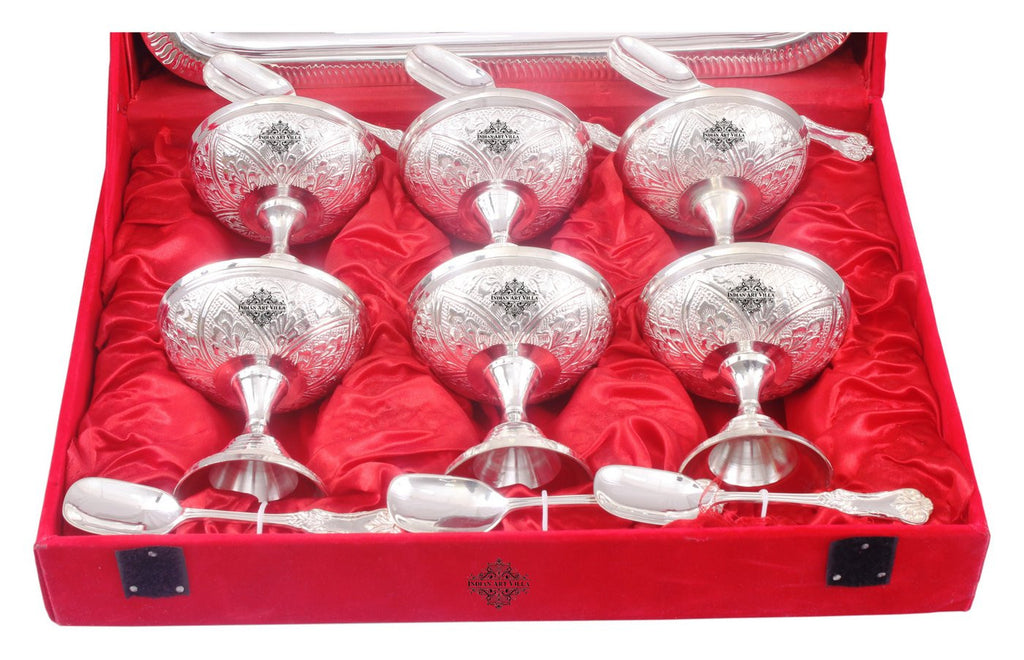 Indian Art Villa Silver Plated Designer 6 Ice Cream Bowl with 6 Spoon & 1 Tray