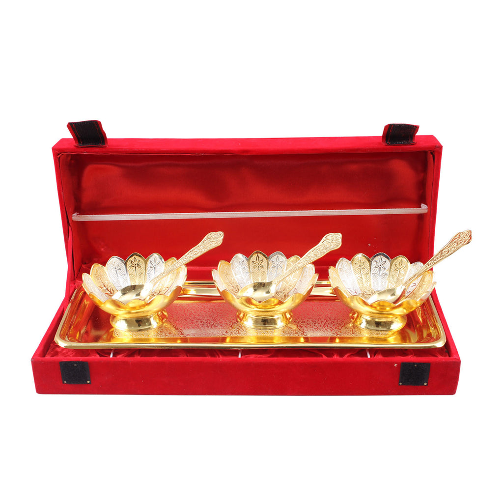 Indian Art Villa Silver Plated Gold Polish Lotus Design 3 Bowl & 3 Spoon & 1 tray