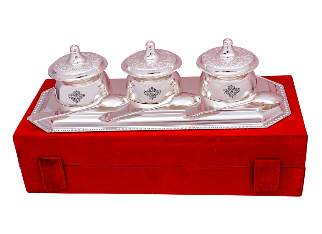 INDIAN ART VILLA Silver Plated Handmade 3 Beetel Bowl with 3 Spoon & 1 Tray