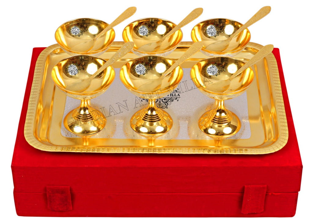 Indian Art Villa Silver Plated Gold Polished, Set of 6 Ice Cream Bowl & 6 Spoon & Tray