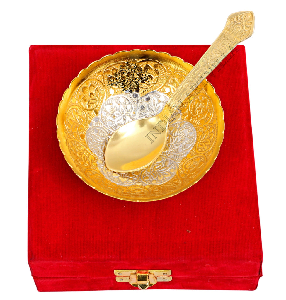 Indian Art Villa Pure Silver Plated Gold Polished, Set of Designer 1 Bowl with 1 Spoon