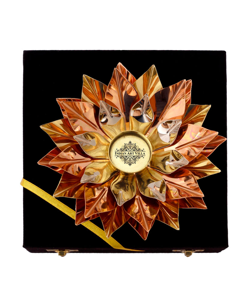 Indian Art Villa Pure Copper Lotus Design Tea Light Candle Diya / Deepak With Black Velvet Gift Box, Colour-Gold, Silver & Brown, Width-8 Inches