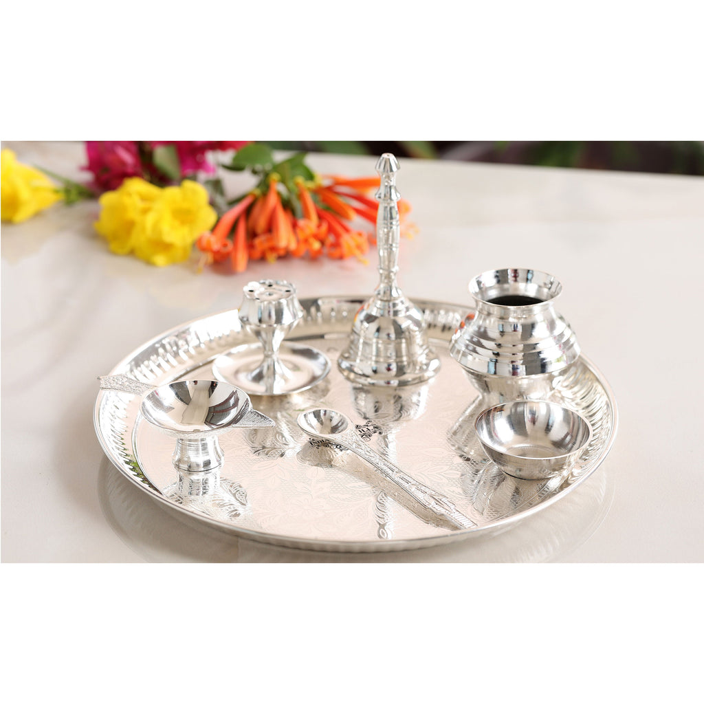 IndianArtVilla Leaf Design Silver Plated Pooja Aarti Thali Set, Poojan Purpose, 7 Pieces