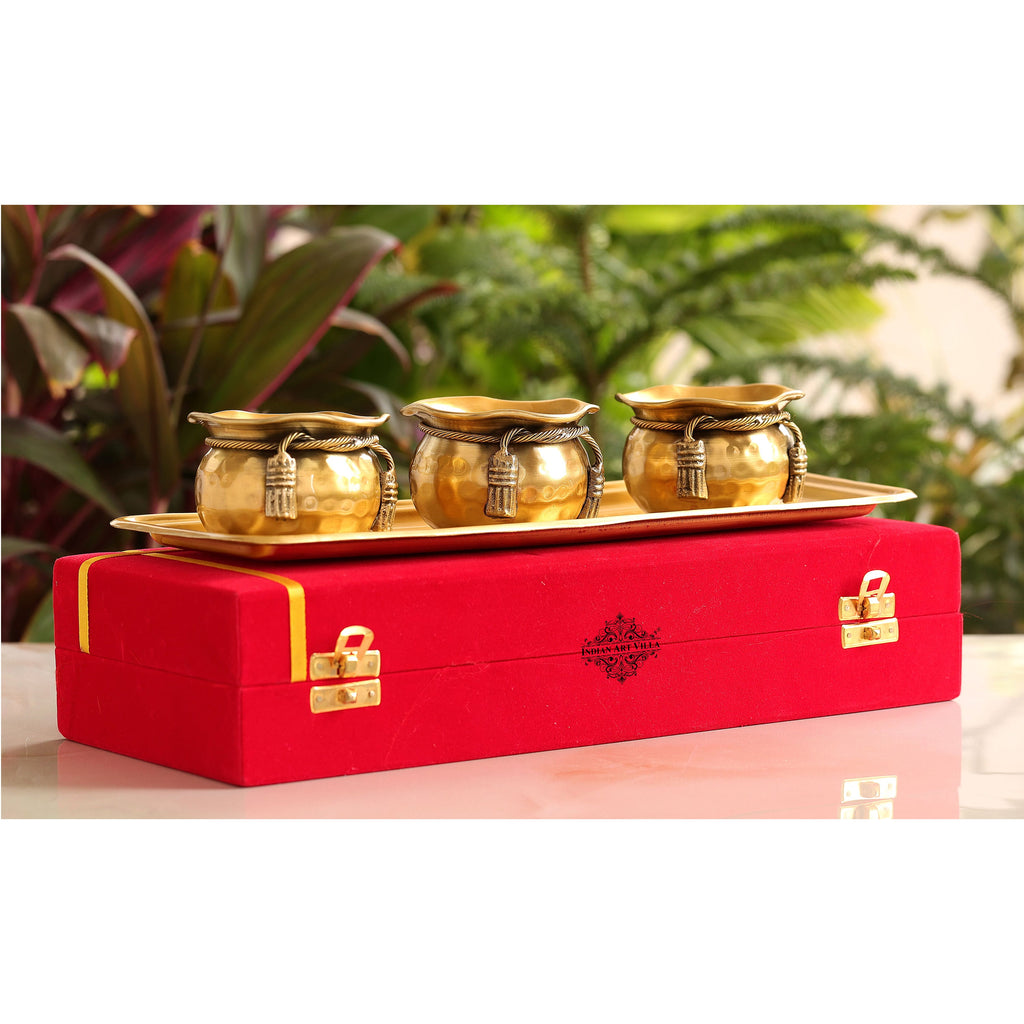 Indian Art VillaBrass 3 Bowls and 1 Tray in tie Design on neck and gold colour with red gift box