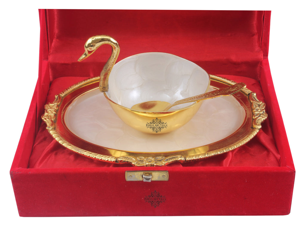INDIAN ART VILLA Gold Polish Ceremic Finish Duck Design Bowl with 1 Tray & 1 Spoon