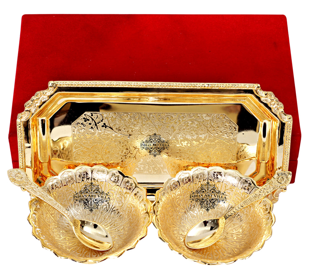 Indian Art Villa Pure Silver Plated Gold Polished Set of 2 Curved Bowl & 2 Spoon & Tray