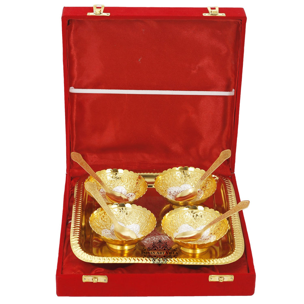 Indian Art Villa Silver Plated Gold Polished Embossed Flower Design Bowl Set With 4 Spoons & 1 Tray, Service For 4, Festive Gifts