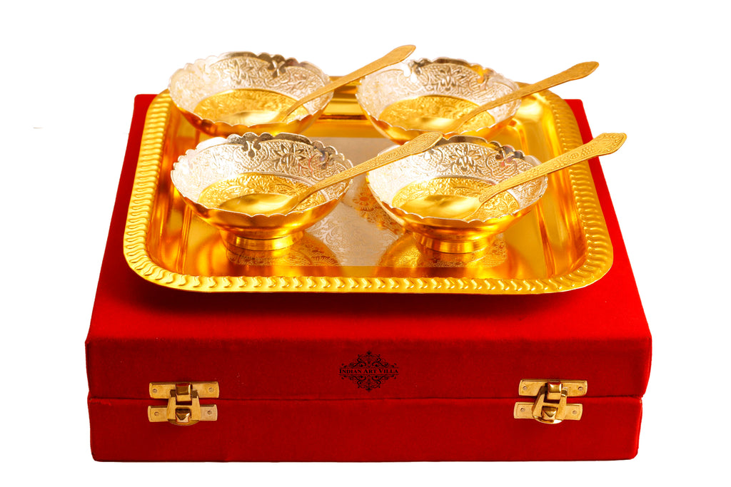 Indian Art Villa Silver Plated Gold Polished Embossed Flower Design 4 Bowl with 4 Spoon & 1 Tray