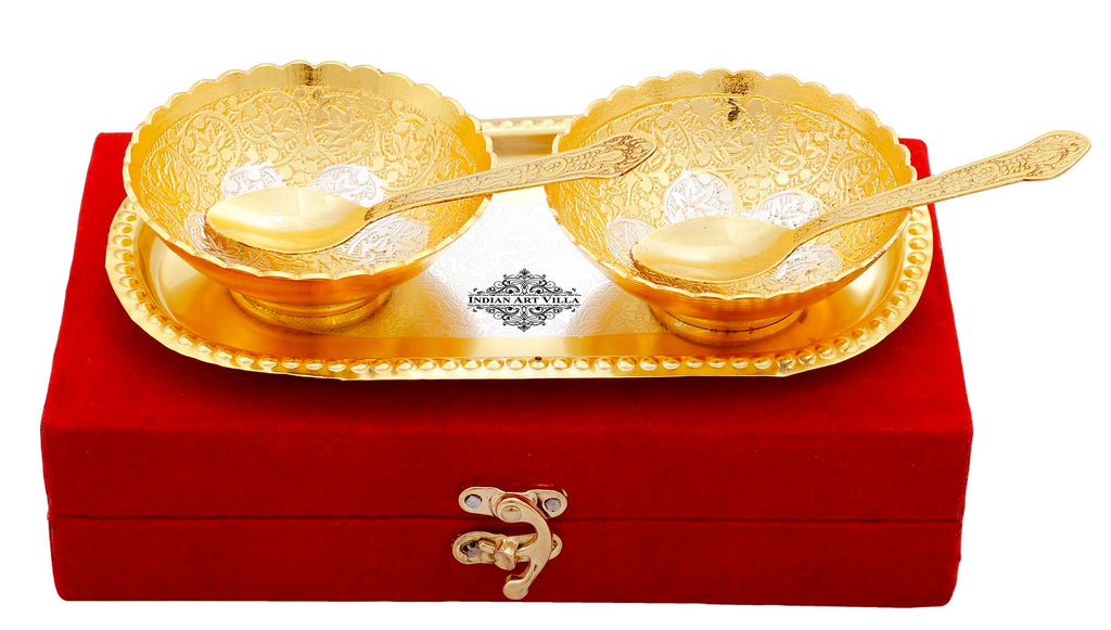 INDIAN ART VILLA Silver Plated Gold Polished Embossed Flower Design Set of 2 Bowl with 2 Spoon & 1 Tray, Diwali Festive Gifts Item