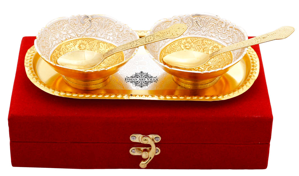 INDIAN ART VILLA Silver Plated Gold Polished Embossed Flower Design Set of 2 Bowl with 2 Spoon & 1 Tray