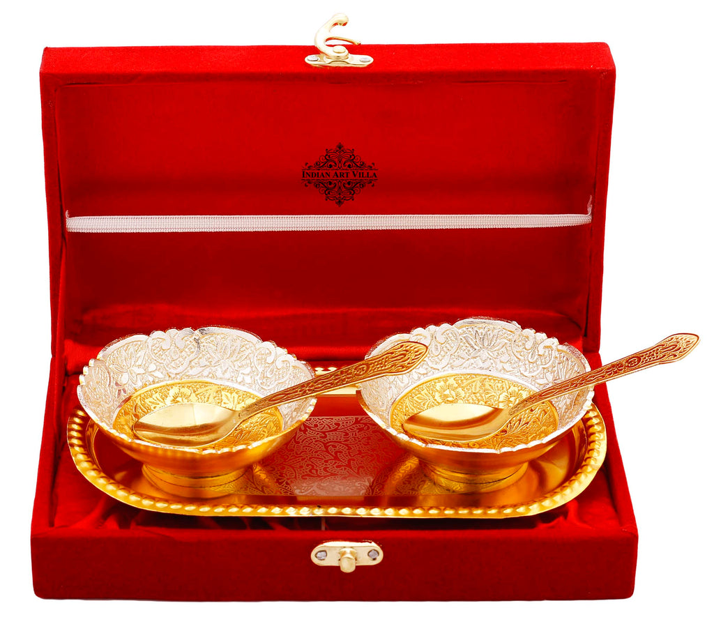 INDIAN ART VILLA Silver Plated Gold Polished Embossed Flower Design Set of 2 Bowl with 2 Spoon & 1 Tray