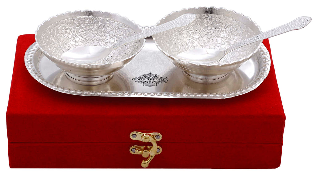 INDIAN ART VILLA Silver Plated Embossed Flower Design Set of 2 Bowl with 2 Spoon & 1 Tray