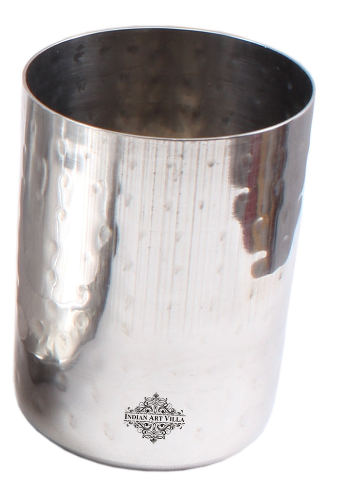 Indian Art Villa Steel Flat Hammered Glass Tumbler Cup | Serving Drinking Water | Volume 375 ML
