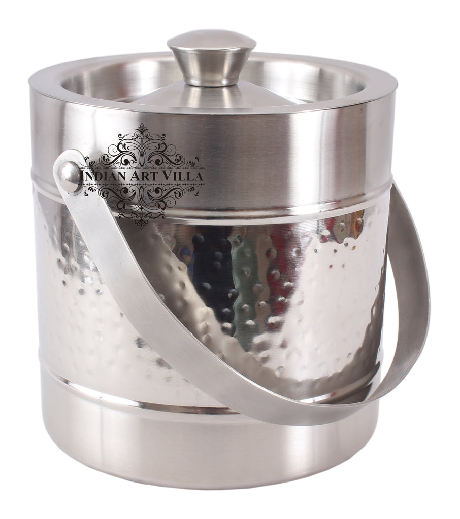 Indian Art Villa Pure Steel Hammered Ice Bucket with Lid - Storing Serving Ice Cubes
