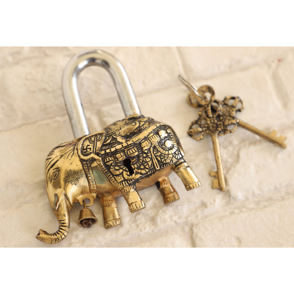 Indian Art Villa Handmade Old Vintage Style Antique Elephant Shape Brass Security Lock with 2 Keys|Home Temple Office