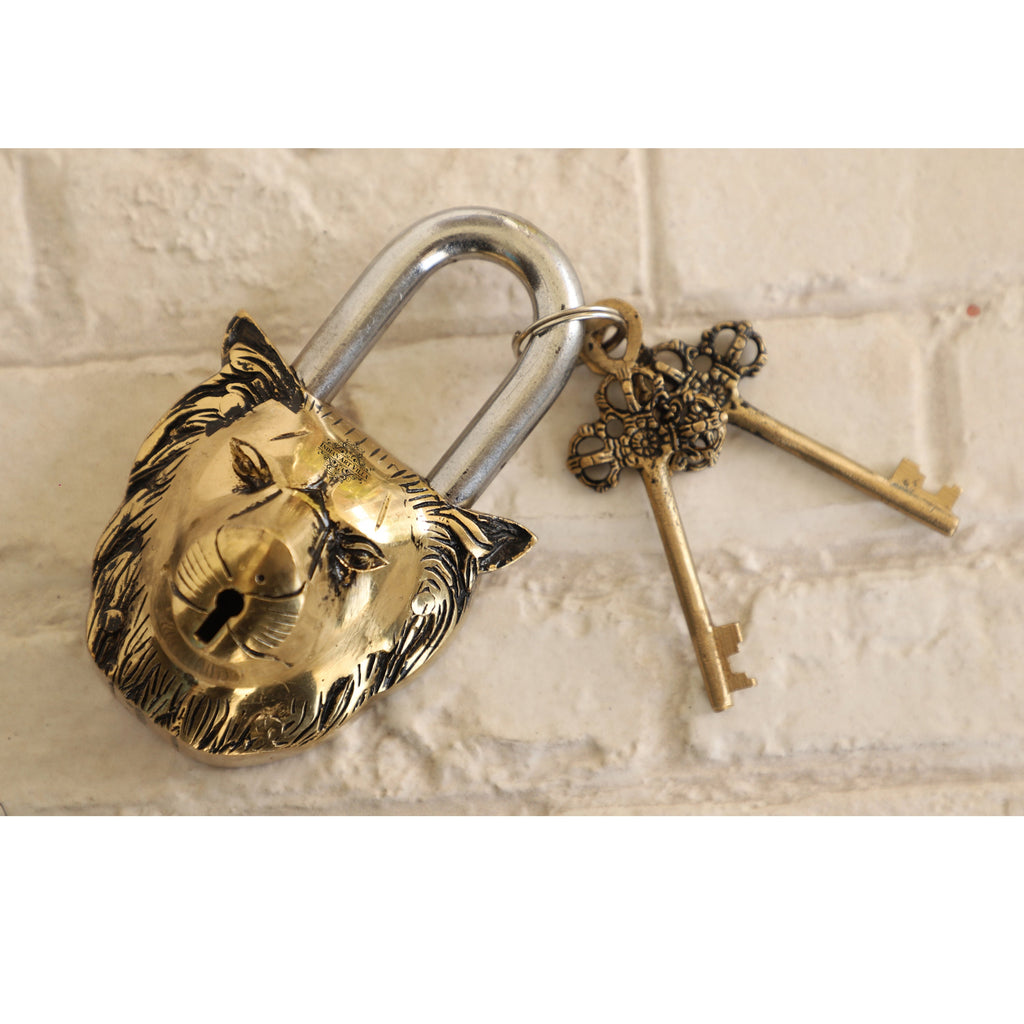 Indian Art Villa Handmade Old Vintage Style Antique Lion Face Shape Brass Security Lock with 2 Keys|Home Temple Office,Size-6x3.5" Inches