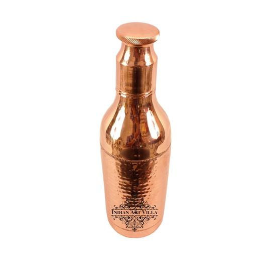 Indian Art Villa Set of Pure Copper Hammered Leak Proof Cocktail Water Bottle & Two Glasses with Brass Bottom with a Gift Box, Drinkware, Glass: 450 ml