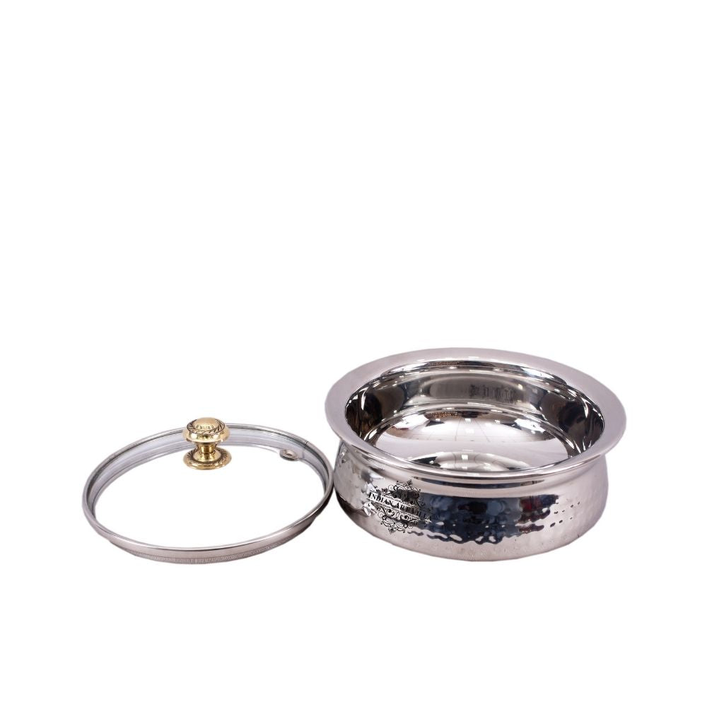 INDIAN ART VILLA Stainless Steel Hammered Dish Serving Handi with Glass Lid - 600 ML