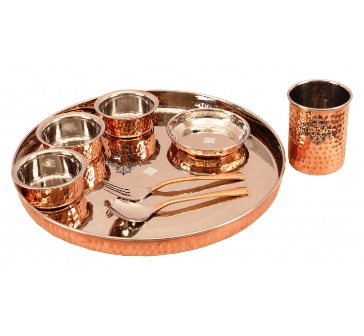 Indian Art Villa Steel Copper Hammer Design 8 Piece Dinner Set Thali Set
