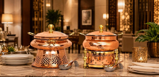 Handcrafted Copper Steel Chafing Dish – Brass Fuel Gel Holder, Dome Lid, and Spoon for Hotel or Event Use.