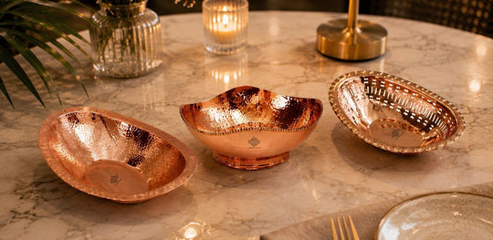 Indian Art Villa hammered and embossed copper bread baskets, perfect for serving bread, snacks, and elegant festive dining